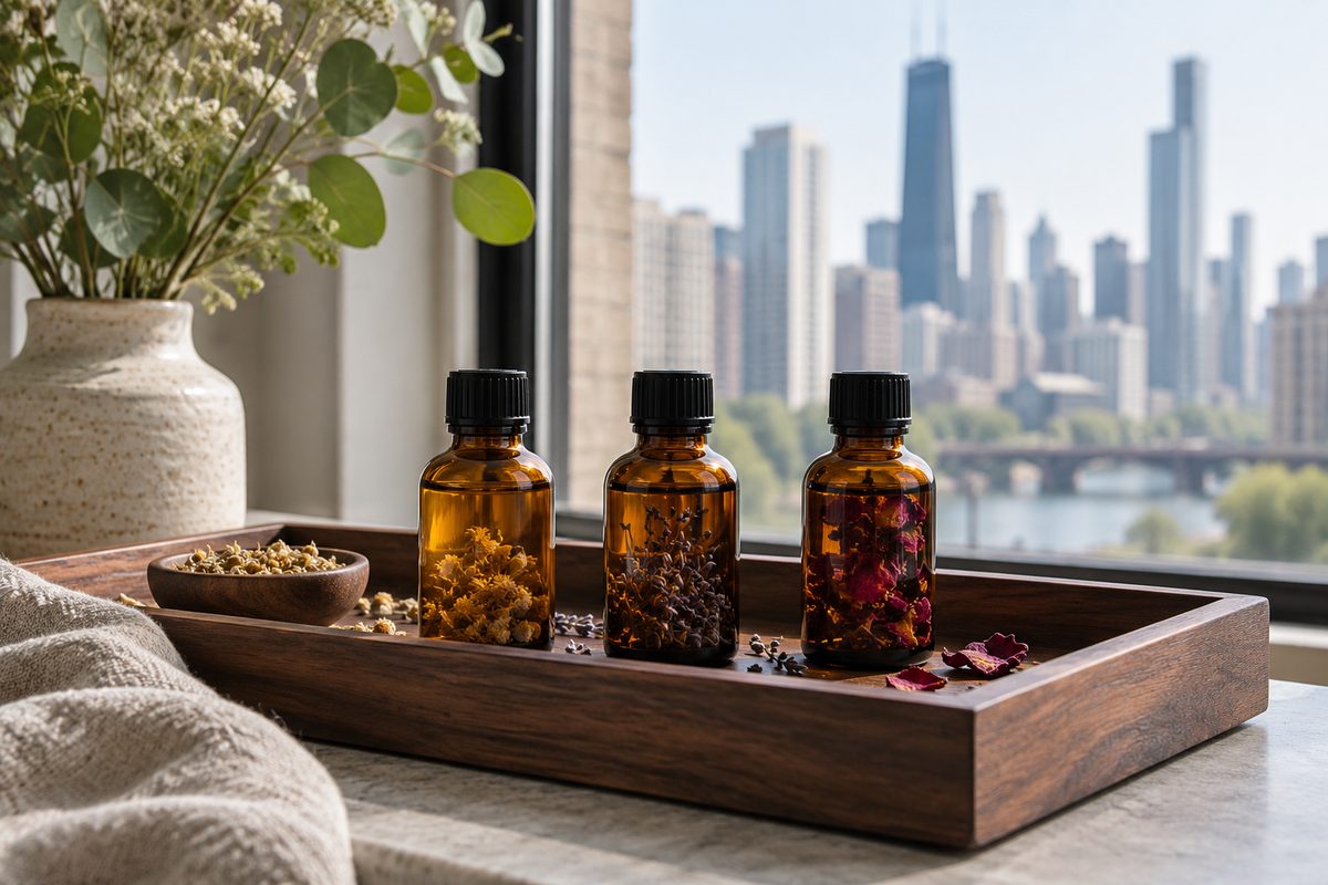Evening relaxation aroma oil blend bottles on walnut wood tray