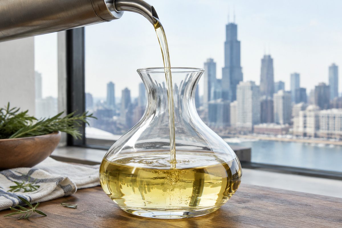 Neutral plant carrier oil pouring into glass decanter