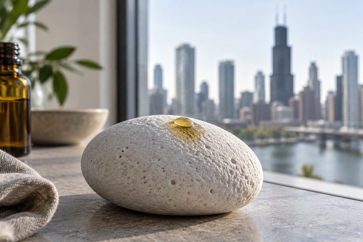 Unglazed ceramic aroma stone absorbing botanical oil drop