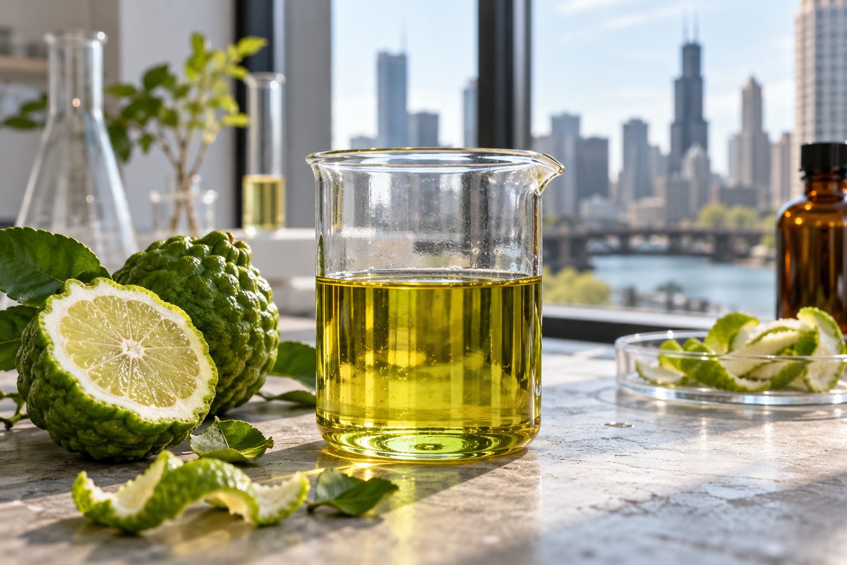 Cold-pressed bergamot oil fraction in laboratory beaker