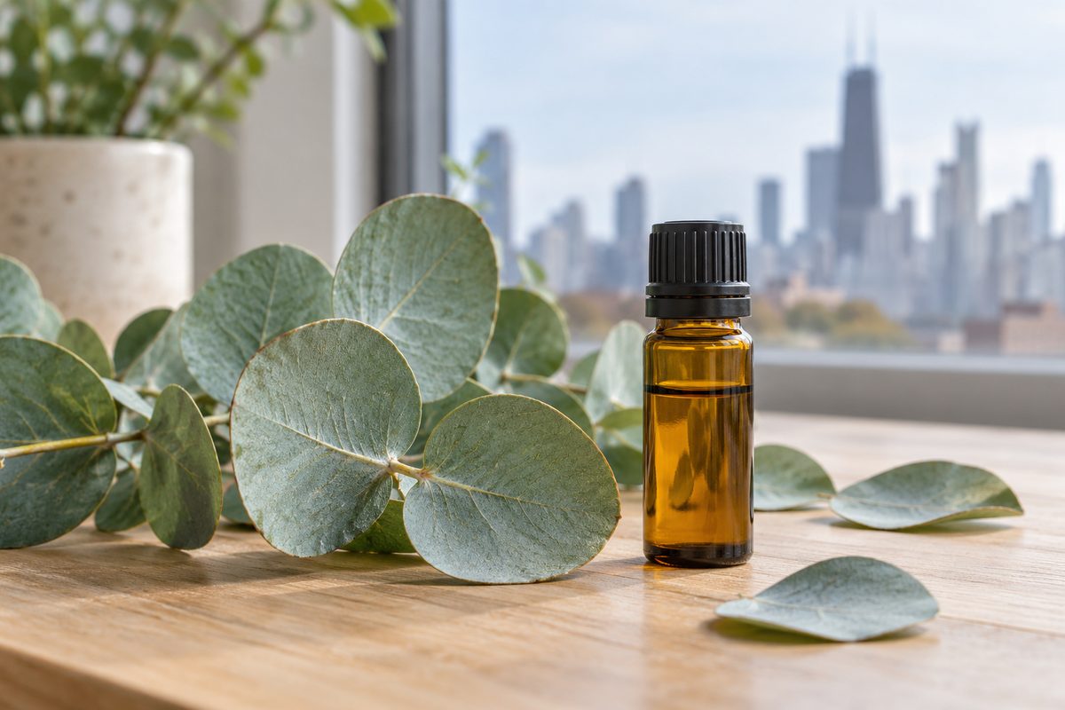 Eucalyptus leaves beside small amber oil vial