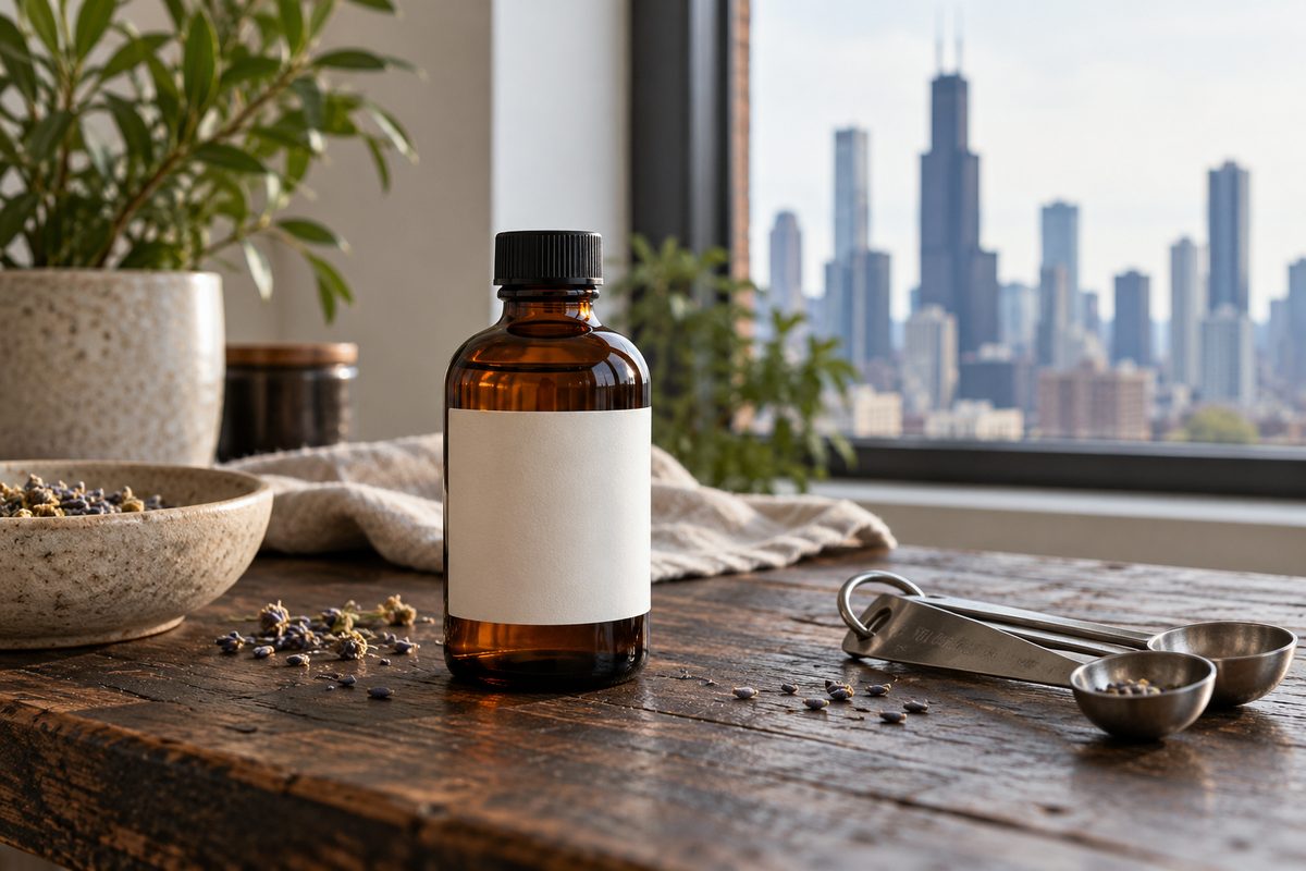50 mL studio flacon of concentrated aroma blend on workshop bench