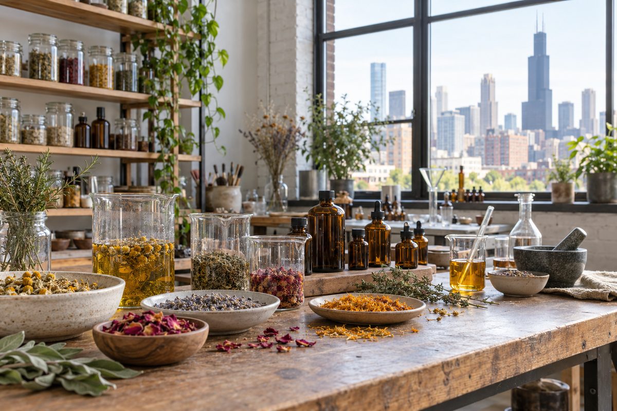 Botanical formulation workbench in Chicago studio
