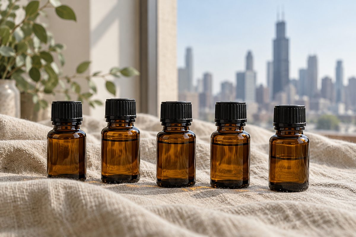 Row of half-ounce botanical aroma oil bottles on linen cloth
