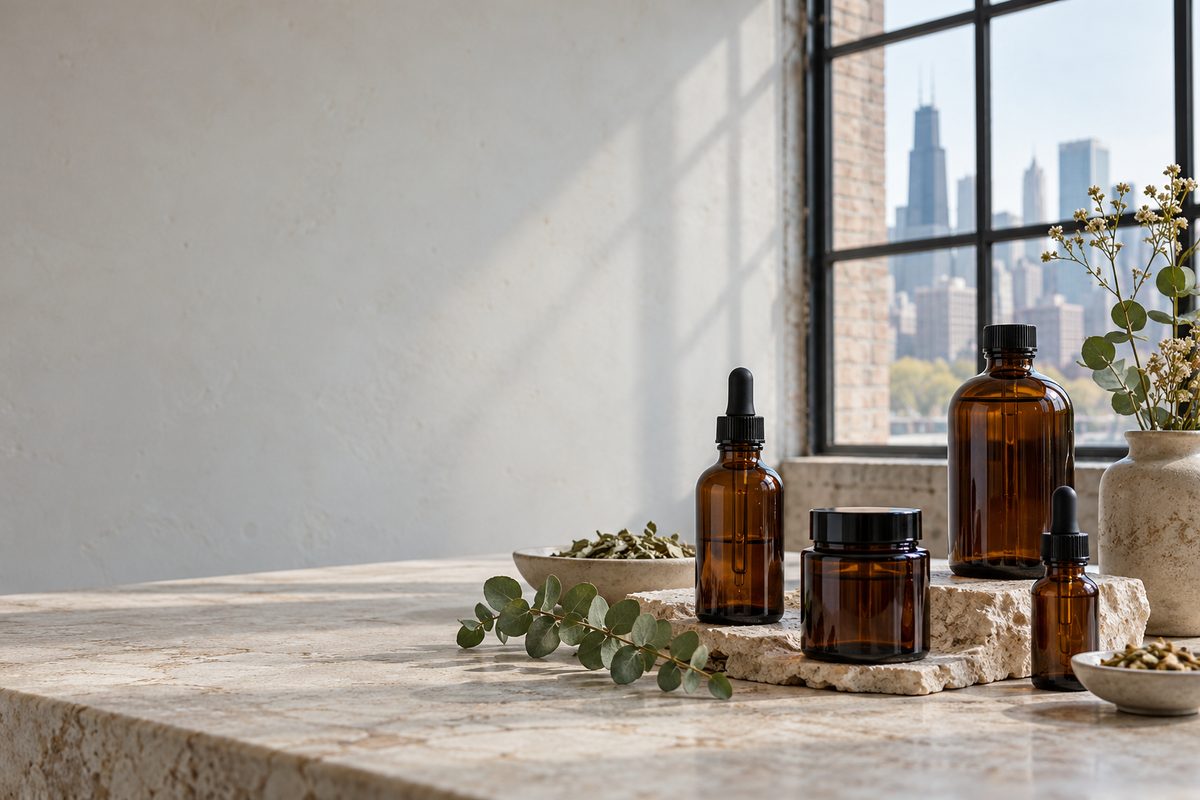 Amber apothecary aroma oil bottles standing in natural studio window light