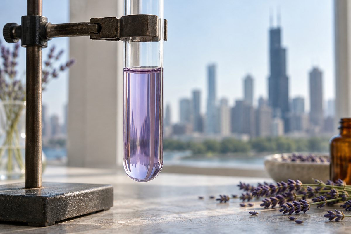 Pure steam-distilled lavender oil in laboratory glassware