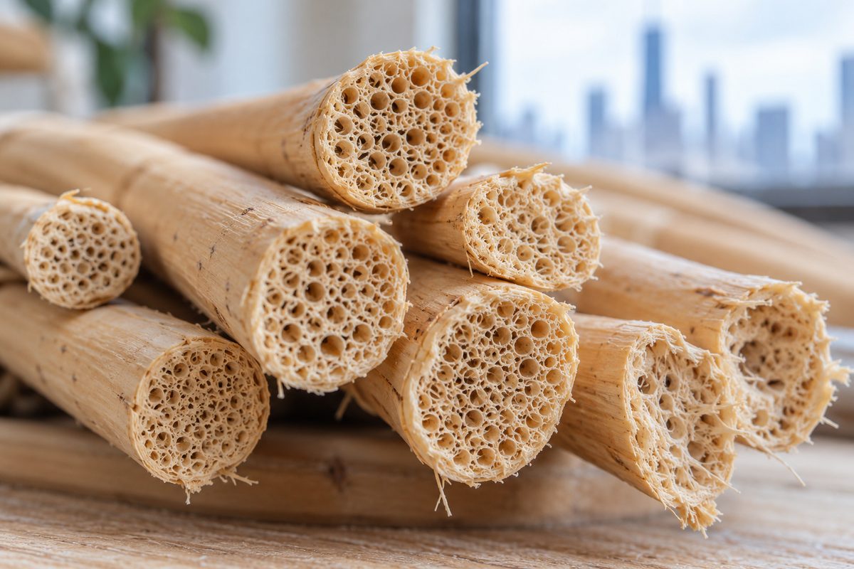 Macro detail of unbleached rattan reeds showing capillary grain
