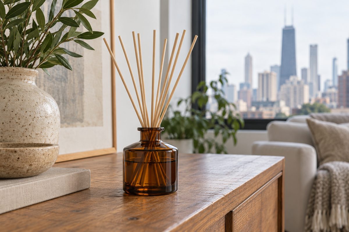 Amber glass room reed diffuser with rattan sticks on wooden sideboard